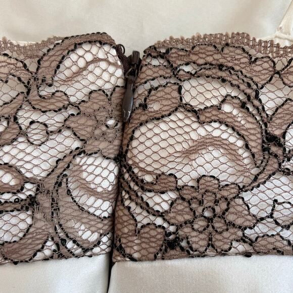 VTG Brown Satin Evening Gown – Ivory Lace Bodice, Spaghetti Straps, Made in USA - Picture 7 of 8